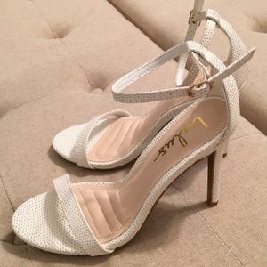 NEW: White Lizard Vegan Angle Strap Heels